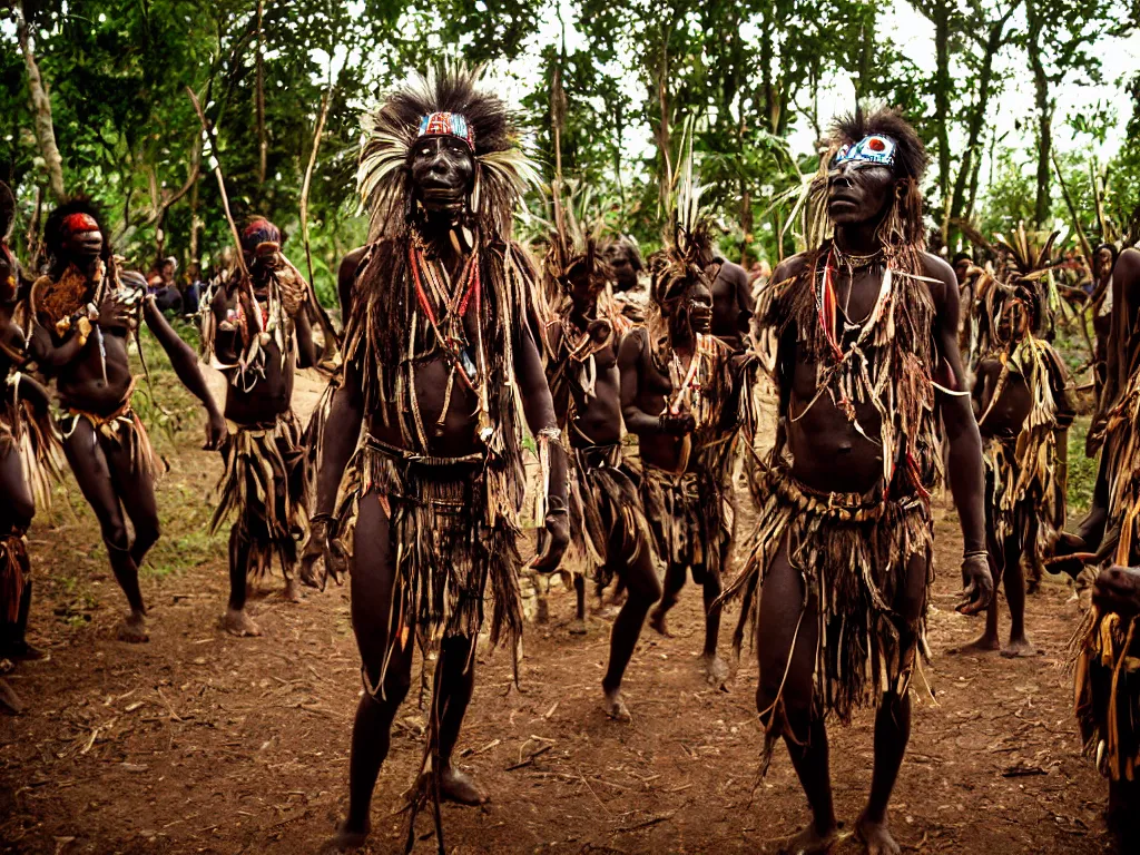 Image similar to cinematic, 3 5 mm, photography, ancient baluba tribe ceremony, a shaman wearing a tribal ancestors masks in dark woods, drummer, tribal dancers in transe, fire, congo, luba tribe
