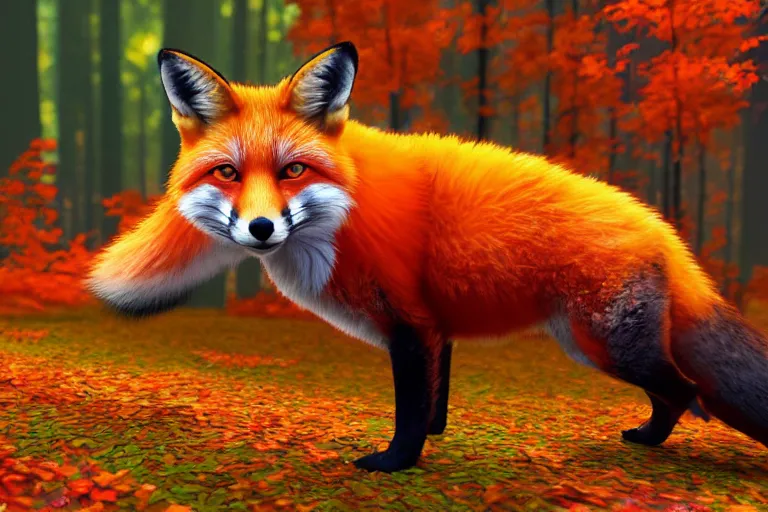 Image similar to super detailed color lowpoly art, red fox in an autumn maple forest, unreal engine, retrowave color palette, 3 d render, lowpoly, colorful, digital art, perspective