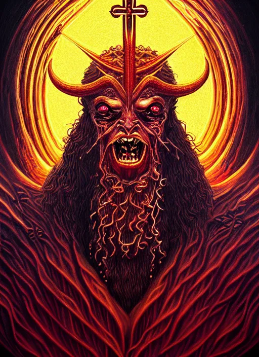 Image similar to hyper detailed ultra sharp beautiful orthodox satan icon, horror, hybrid human, trending on artstation, byzantine aesthetic, epic, religious, decadent, majestic, intricate, digital painting, concept art, smooth, sharp focus, illustration, art by josan gonzalez, felix englund, killian eng and zdizslaw beksinski