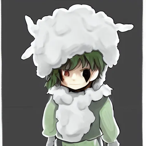 Image similar to little boy wearing sheep suit. white, gray, blue, green and brown pallet color. made in abyss art style, inspired in kris from deltarrune, cute detailed artwork