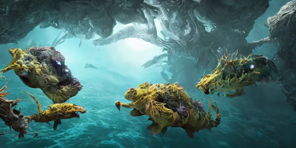 Prompt: underwater enviroment with Lophiiformes creatures, unreal 5, hyperrealistic, realistic, photorealistic, dynamic lighting, highly detailed, cinematic landscape, studio landscape, studio lighting