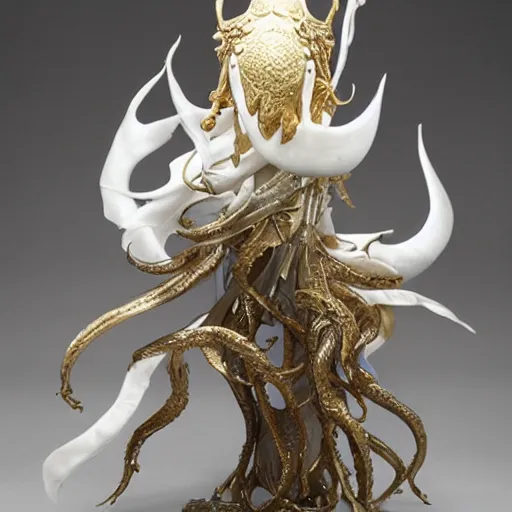Prompt: angelarium, illithid, cthulhu, white with gold accents, sculpture by ellen jewett