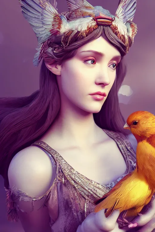 Prompt: close up 3 d render of english princess holding birds, beautiful face, realistic face, closeup, ornaments, mucha vibe, dieselpunk, solarpunk, artstation, andrei riabovitchev