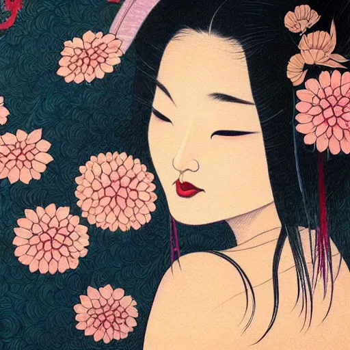 Image similar to a beautiful painting of a geisha by audrey kawasaki, artstation, 8K, very detailed