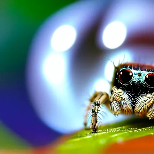 Image similar to a jumping spider using a microscopic keyboard, by pixar, macro lens, iridescent