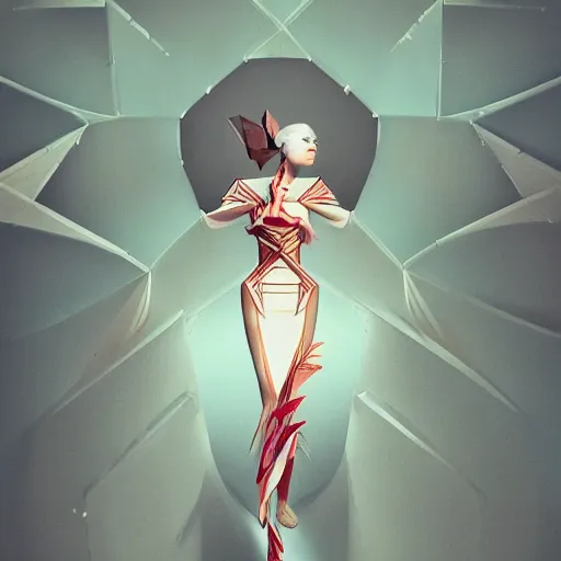 Image similar to 3 / 4 view of a beautiful girl wearing an origami dress, ground - level medium shot, elegant, by eiko ishioka, givenchy, philippe druillet, by peter mohrbacher, centered, fresh colors, origami, fashion, detailed illustration, vogue, high depth of field, japanese, reallusion character creator