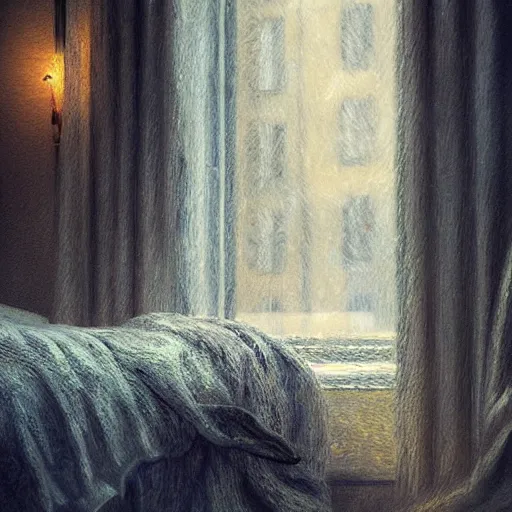 Prompt: on a rainy day, someone in home sits in bed, curled up under the covers, looking out the window, cinematic, artstation, extremely detailed, intricate, cinematic lighting, art by pierre - auguste renoir
