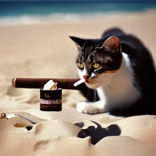 Image similar to a cat lighting a cigar on a beach in 1980, 30mm film