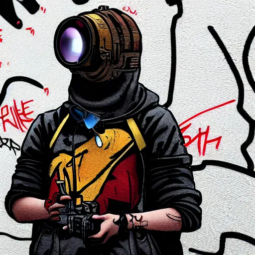 Image similar to in the style of max prentis and deathburger and laurie greasley a close up of a young explorer wearing a cyberpunk headpiece spraying graffiti on a wall, fish eye lens, highly detailed, 8 k wallpaper