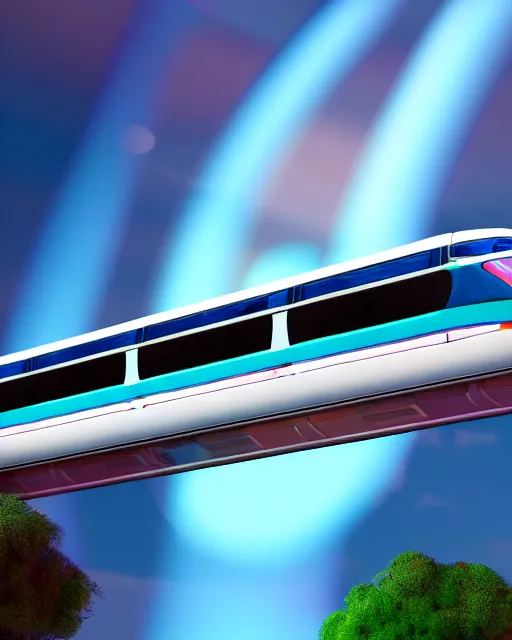 Image similar to The Disney Monorail coming towards the viewer, volumetric lighting, art station, visible brushstrokes, sharp focus, Highly Detailed, Cinematic Lighting, 8k, HD