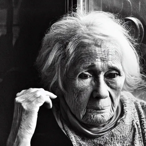 Prompt: black and white press photograph, highly detailed portrait of a depressed old lady drug dealer sitting by the window, detailed face looking into camera, eye contact, natural light, mist, fashion photography, film grain, soft vignette, sigma 85mm f/1.4 1/10 sec shutter, Darren Aronofsky film still promotional image, IMAX 70mm footage