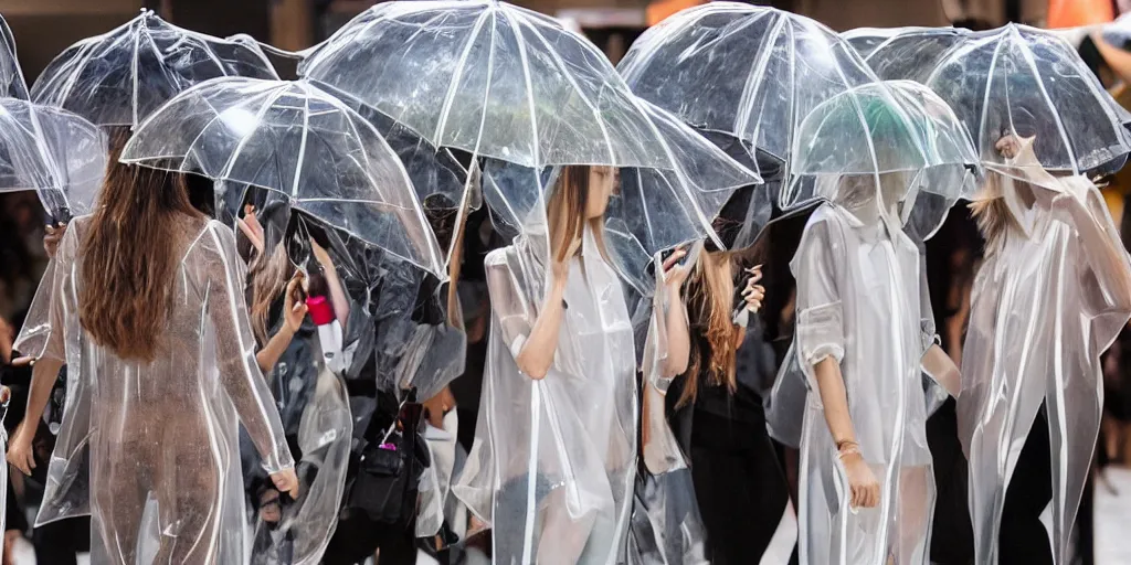 Prompt: catwalk fashion in transparent raincoats holding transparent umbrellas