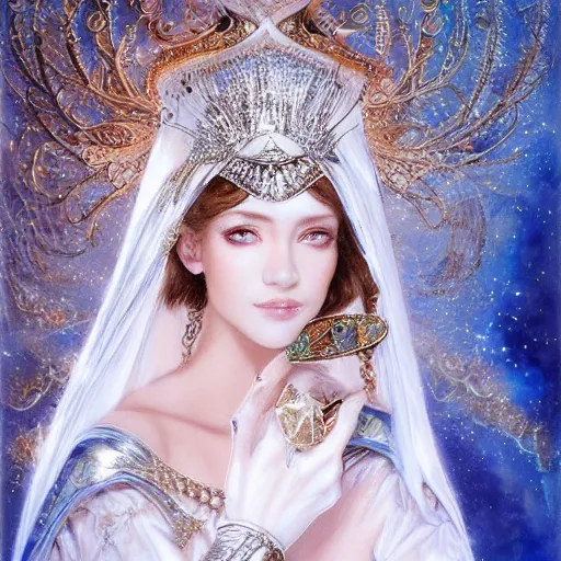 Prompt: a beautiful woman wearing a white dress made of silver with jewelry and diamonds by karol bak, ayami kojima, sakimichan, arabian beauty, blue eyes, smile, concept art, fantasy