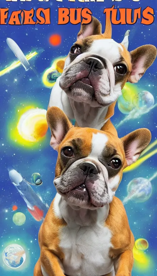 Image similar to movie poster of french bulldogs as astronauts, highly detailed, hyper realistic, large text, bright colours