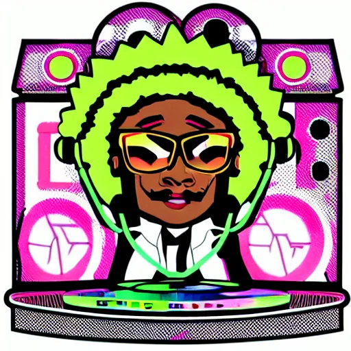 Image similar to svg sticker of a Dancing-Ben-Harper-Snoop-Spike-Lee-with-a-large-Afro-Puff, at a rave, spinning records, giant headphones rocking out, wearing headphones, huge speakers, dancing, rave, DJ, spinning records, digital art, amazing composition, rule-of-thirds, award-winning, trending on artstation, featured on deviantart