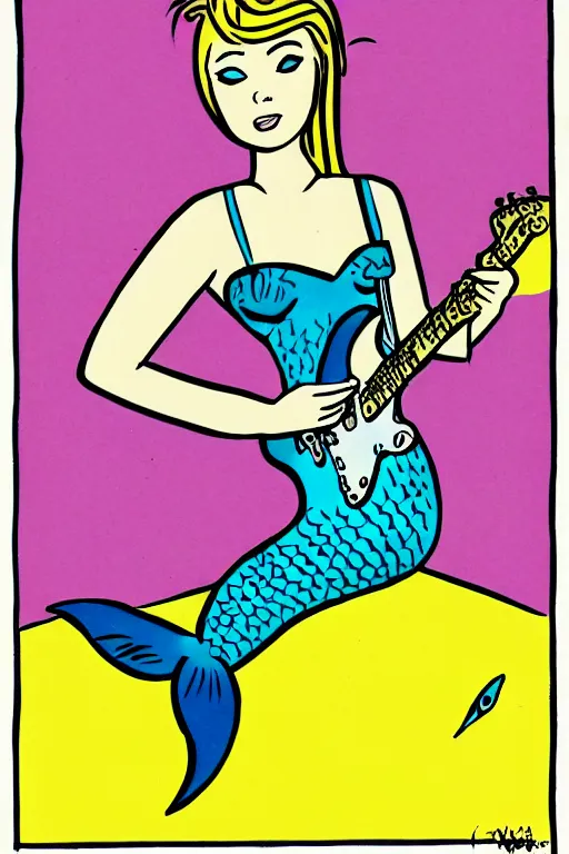 Image similar to illustration of a mermaid playing an stratocaster electric guitar, 1960s cartoon