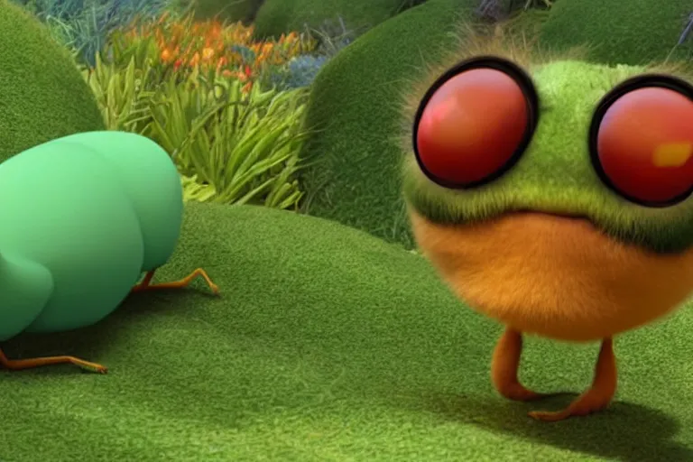 Image similar to disney pixar's a bug's life, cgi caterpillar colorful, furry caterpillar