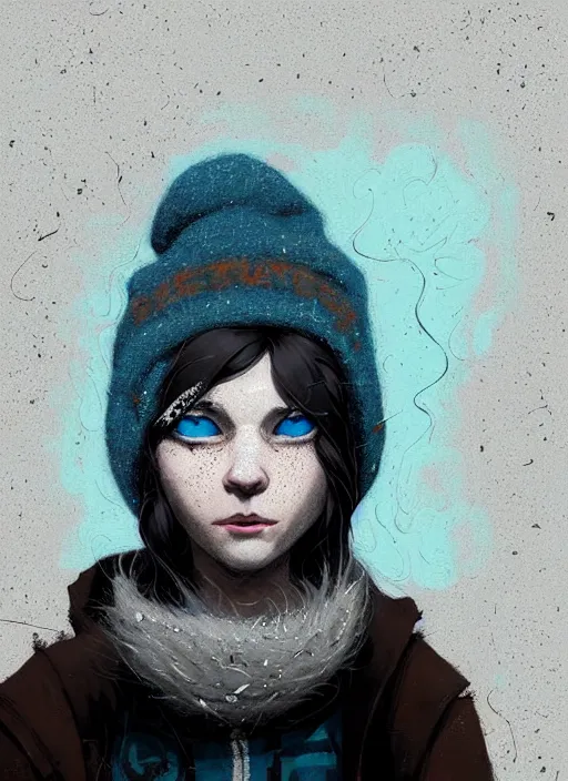 Image similar to highly detailed closeup portrait of a sewer punk lady student, beanie, harris tweed hoodie, blue eyes, frosty white hair by atey ghailan, by greg rutkowski, by greg tocchini, by james gilleard, by joe fenton, by kaethe butcher, gradient, blue, black, brown and cream color scheme, grunge aesthetic!!! white graffiti tag wall background