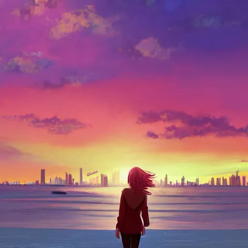 Image similar to lonely young woman with red hair, magenta coat, and light blue pants ; wandering a beach at sunset with a city skyline on the horizon, digital painting, anime inspired, warm lighting, swimming pool in foreground