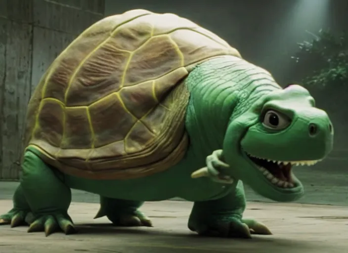 Image similar to film still of real life dinosaur turtle yoshi in the new sci - fi movie, 8 k