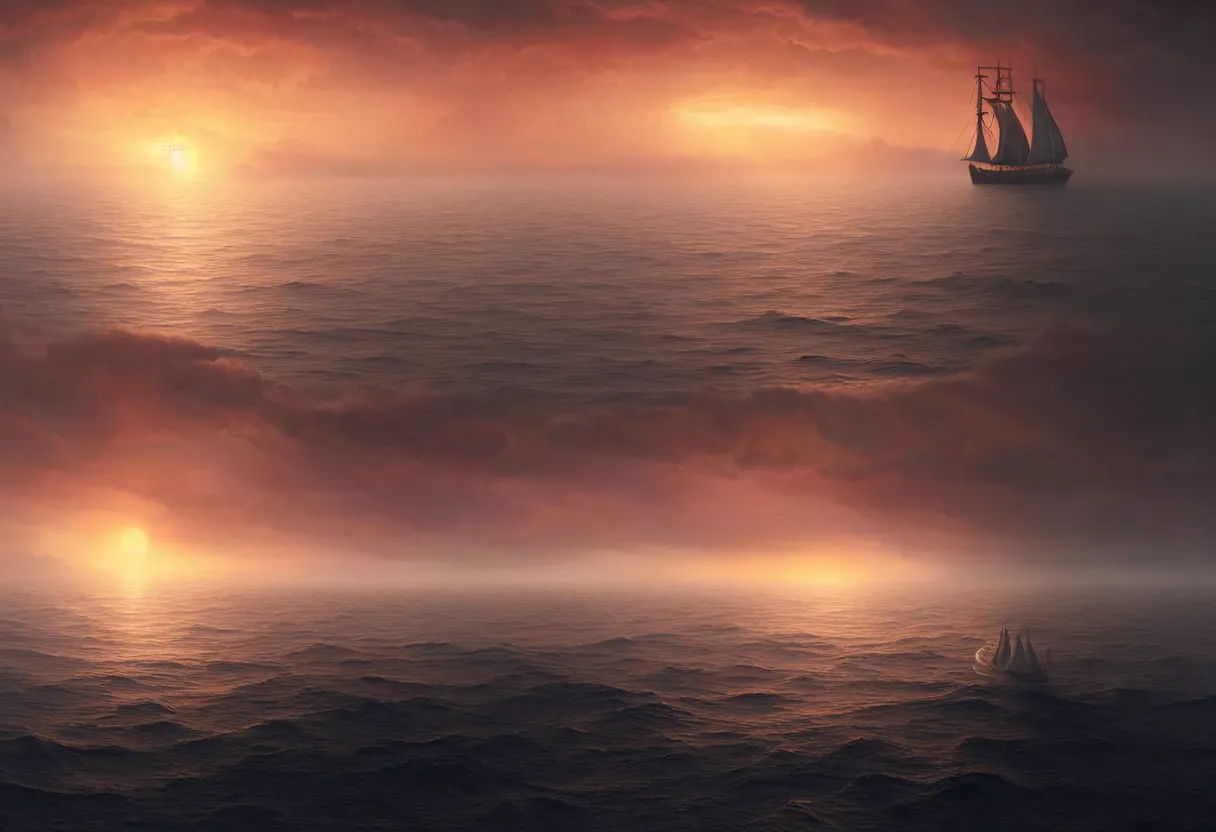 Image similar to strange sea surface of autumn planet at sunset, sailing ship on horizon, ultra high definition, ultra detailed, symmetry, fog, matte painting, by greg rutkowski and ross tran and wlop