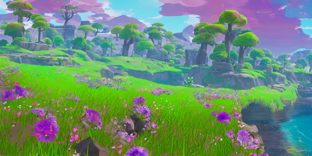 Image similar to ! dream colour theory cascading concept art of spring flower landscape in the style of breath of the wild, fortnite season 1 beautiful, fortnite graphics