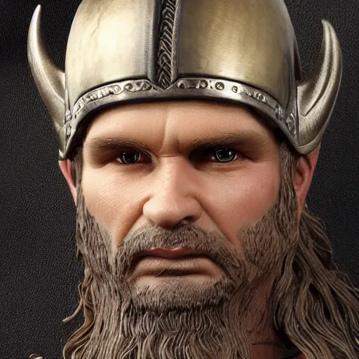 Image similar to of a viking from valhalla, wearing the horned helmet ultra fine detail, hair strands, ultra high resolution, fine texture detail, miniature painting techniques, perfect proportions, marvel cinematic universe, eric bana