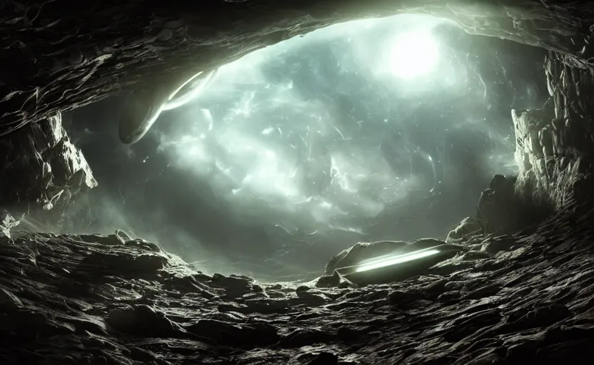 Prompt: an alien spaceship at the end of the worm hole in space, epic scene, extremely detailed masterpiece, extremely moody lighting, glowing light and shadow, atmospheric, shadowy, cinematic, god lighting