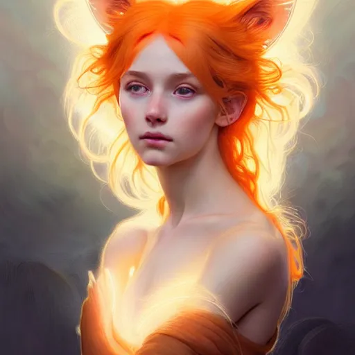 Image similar to Portrait of a girl angel with pale orange colored frizzy strands of illuminated hair, cat ears on her head, glowing halo, Lion's Mane, fantasy, intricate, elegant, highly detailed, digital painting, artstation, concept art, smooth, sharp focus, illustration, art by Krenz Cushart and Artem Demura and alphonse mucha