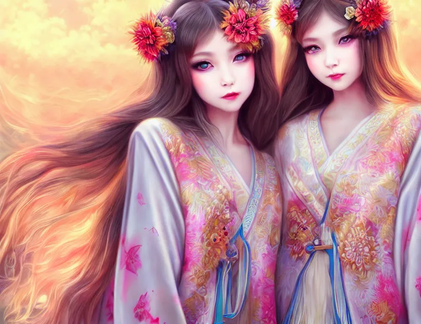 Image similar to two beautiful fashion siberian girls wear fantasy kimono in festival | | big eyes, sunny, dreamlike art, realistic shaded, smile, good looking, hyper details, 4 k realistic, cryengine, realistic shaded lighting poster by artgerm, ross tran, fuji choko, loish, 8 k resolution, trending on artstation, luxury