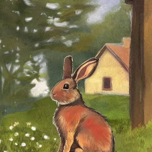 Prompt: a rabbit sitting in front of a swedish red cottage, in the style of anders zorn