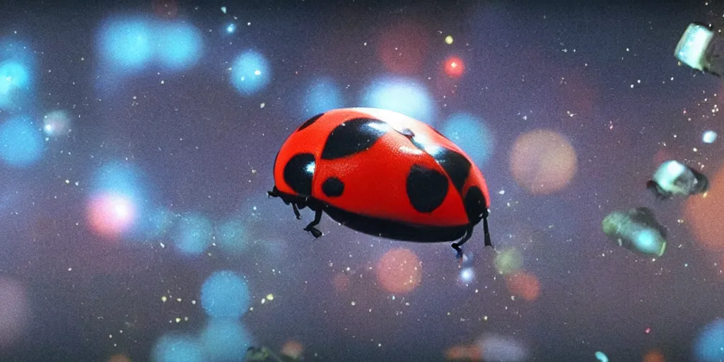 Image similar to a 3 d rendered movie still from a distance of 3 0 m of a ladybug 1 million years from now. the ladybug is sentient, wears tiny spacesuit, and travels the stars in a super trippy space ship. science fiction blockbuster movie ladybugs rule the world, imax 7 0 mm. bladerunner.