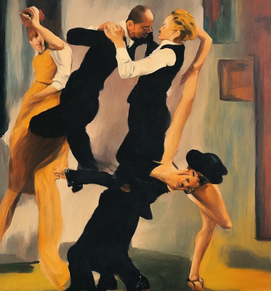 Image similar to A emotional painting of Romy Schneider and Patrick Stewart dancing Tango in a moody spanish club inspired by Edward Hopper and Gustave Courbet.