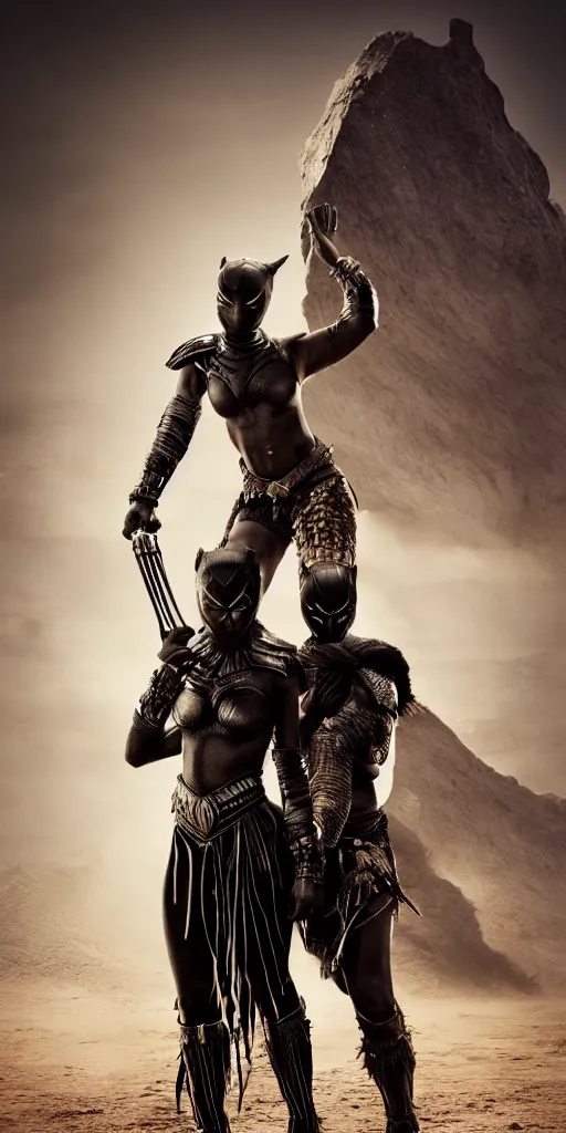 Image similar to two fighting tribeswoman,vertical composition, destroyed armor, inspired by monster hunter and westerns, muscular body, clean beautiful symmetrical face, subtle make up, epic,dramatic lighting, cinematic, establishing shot, extremely high detail, photorealistic, black panther the movie and dune the movie and cyberpunk, cinematic lighting, artstation, octane render, western,old photo, vintage