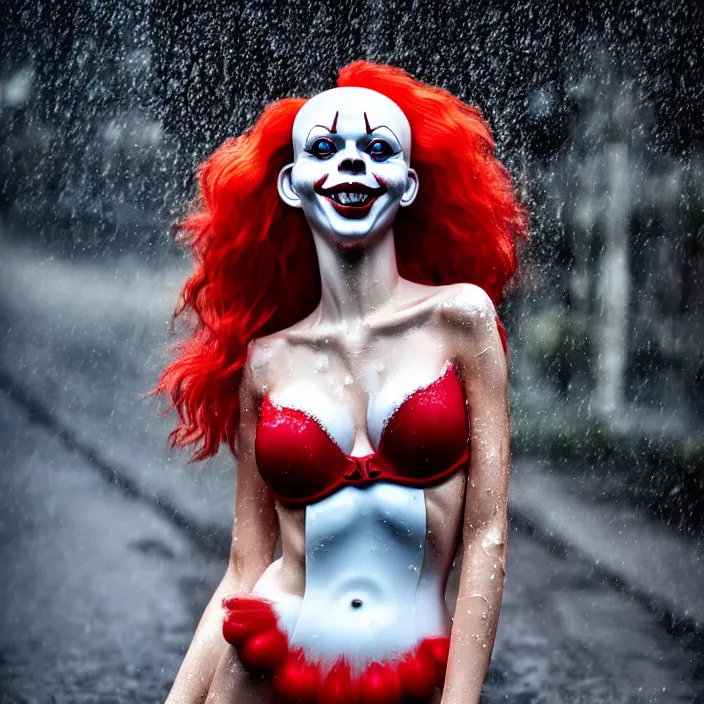 Image similar to fully body pose, photo of a very beautiful!! victoria secret model, pennywise, wet hair, raining, 8 k, hdr, smooth, sharp focus, high resolution, award - winning photo, trending on artstation, dslr, 5 0 mm