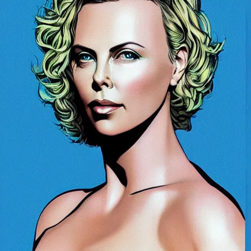 Prompt: “ charlize theron retro minimalist portrait, moebius starwatcher, by jean giraud, 8 k ”