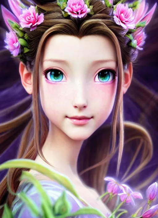 Image similar to elegant Aerith Gainsborough the Queen of flowers. ultra detailed painting at 16K resolution and epic visuals. epically surreally beautiful image. amazing effect, image looks crazily crisp as far as it's visual fidelity goes, absolutely outstanding. vivid clarity. ultra. iridescent. mind-breaking. mega-beautiful pencil shadowing. beautiful face. Ultra High Definition. amazingly crisp sharpness. photorealistic 3D rendering on film cel processed twice..