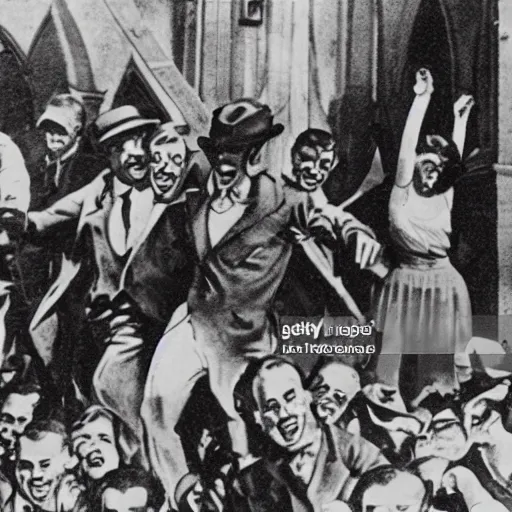 Image similar to a 1 9 3 0 s newspaper photo of a vampire attacking a group of people outside a church