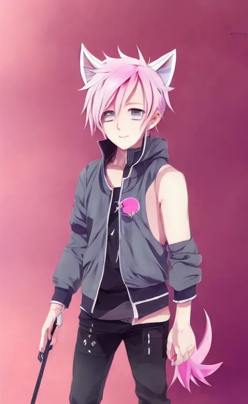 Image similar to character concept art of an cute anime boy with pink hair and wolf ears | | cute - fine - face, pretty face, key visual, realistic shaded perfect face, fine details by stanley artgerm lau, wlop, rossdraws, james jean, andrei riabovitchev, marc simonetti, and sakimichan, tranding on artstation