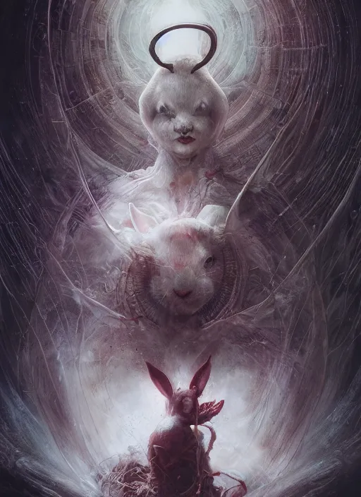 Prompt: white rabbit the magician tarot card, highly detailed, cinematic, 8 k, by stanley artgermm, tom bagshaw, greg rutkowski, carne griffiths, ayami kojima, beksinski, giger, trending on deviantart, hyper detailed, horror, full of colour