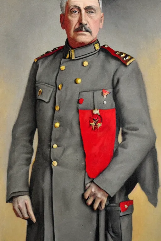 Image similar to ww 1 general wearing drab grey uniform, long red heroic cape with green trim on his back, oil on canvas