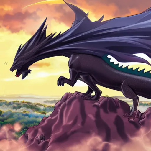 Image similar to an anime black cat riding a dragon over a vast fantasy landscape