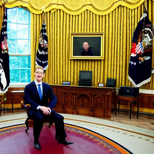 Prompt: Mark Zuckerberg the president of the united states sitting in the oval office, EOS-1D, f/1.4, ISO 200, 1/160s, 8K, RAW, unedited, symmetrical balance, in-frame, Photoshop, Nvidia, Topaz AI