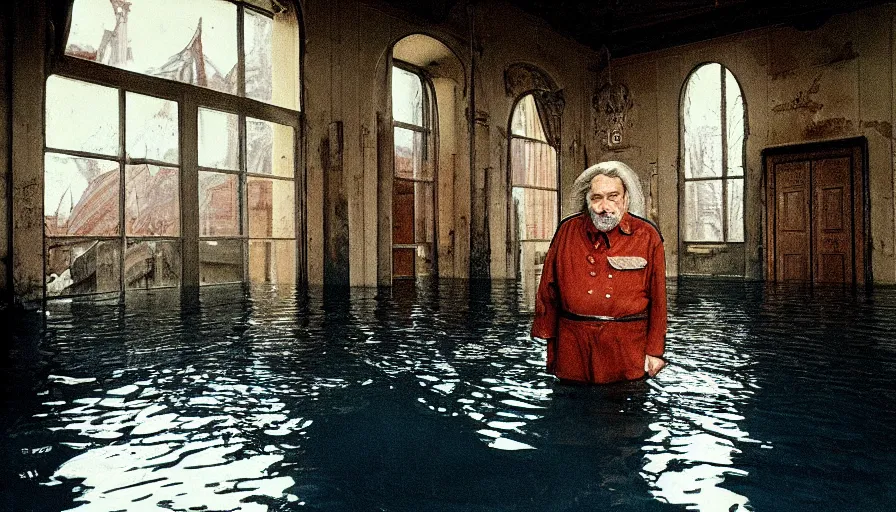 Image similar to 7 0 s movie still of an old manstanding in a soviet stalinist style palace flooded in water, eastmancolor, heavy grain, high quality, high detail