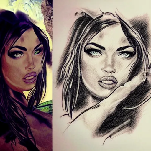 Image similar to tattoo sketch of megan fox's face blended in amazing mountain scenery, in the style of dan mountford