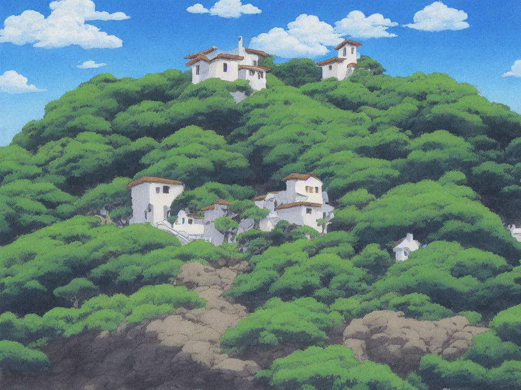 Image similar to studio ghibli painting, kazuo oga, a lone stucco house by the beach, blue sky with few clouds,