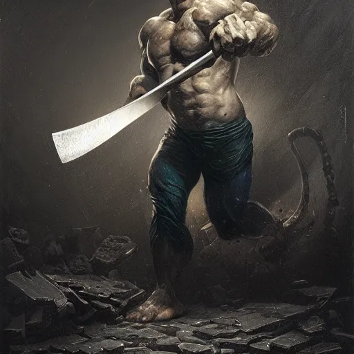 Image similar to artstation concept a midnight blue hulk jolding a meat cleaver, dusty, hyperdetailed, artstation trending, world renowned artists, worth 1 0 0 0. com, historic artworks society, antique renewel, cgsociety, by greg rutkowski, by gustave dore, deviantart