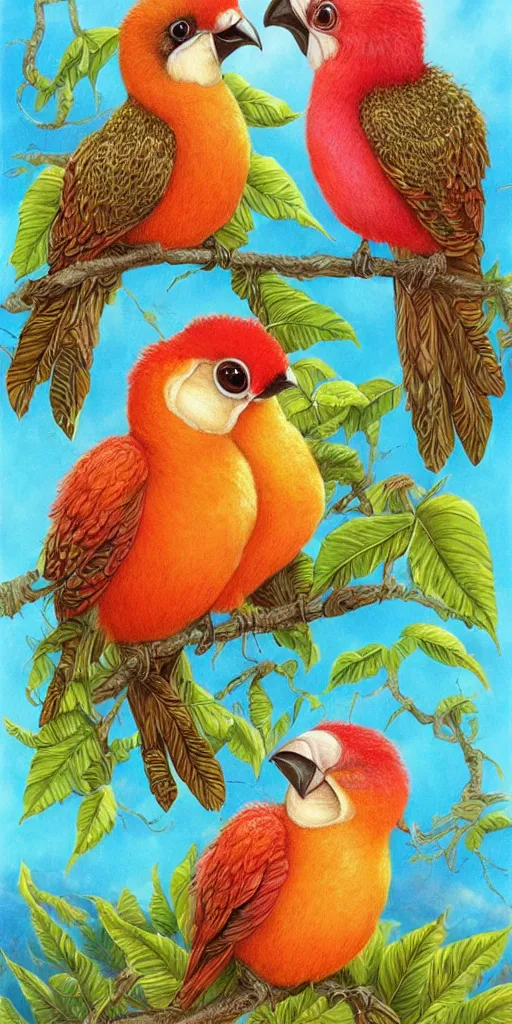 Image similar to greeting card, love, 2 beautiful tropical birds, by greg simkins, warm colors, cozy