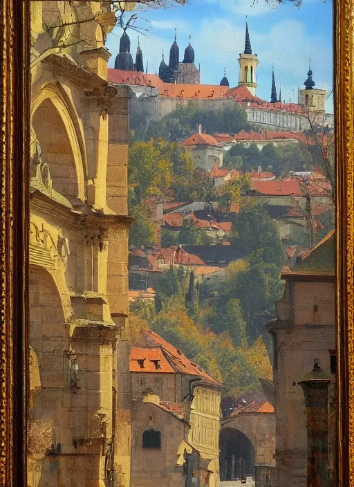 Prompt: old master painting of beautiful shot of Royal medieval European city like Prague mixed with Istanbul like Islamic architecture with greenery all around , autumn colors