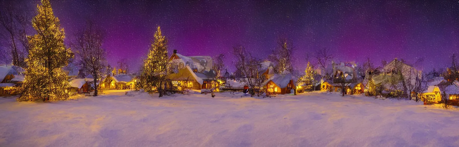 Prompt: small cozy village at Christmas night starry night aurora borealis nordic plaza